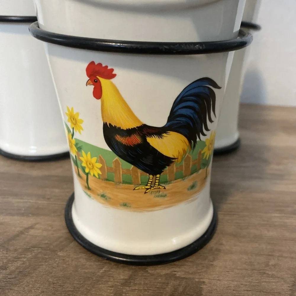 VTG Ceramic Flatware Silverware Rooster Sunflower Caddy